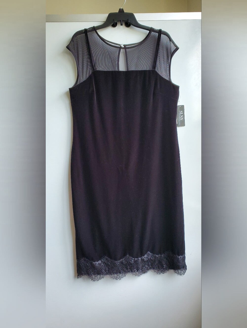 NWT SLNY Black Velvet Sheath Dress Lace Mesh - Size 16